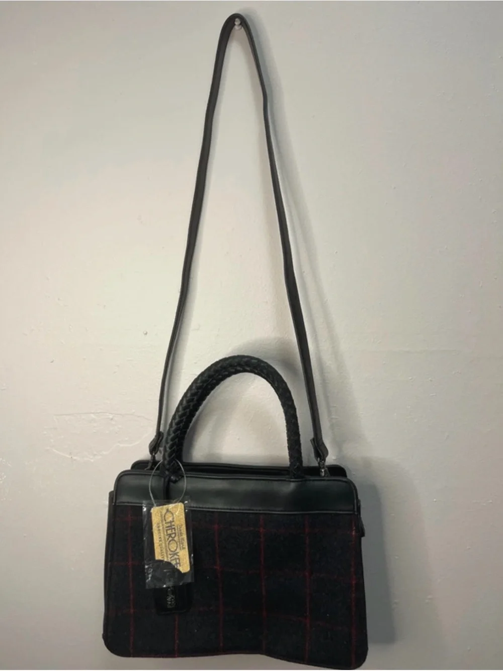 Plaid Wool Top-Handle Tote in Black and Red